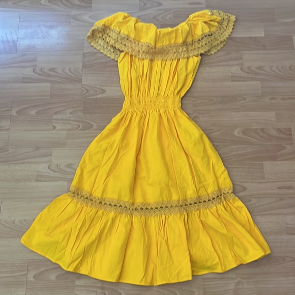 Artisan Dresses New Mustard Yellow Embroidered Off Shoulder Peasant